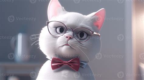 Funny White Cat Wearing Bow Tie And Glasses Digital Art Illustration