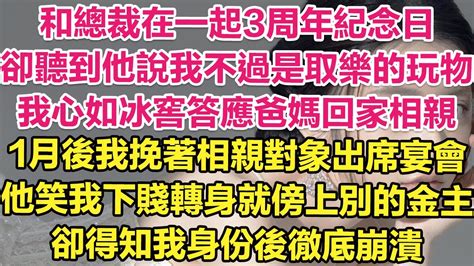 和總裁戀愛3周年紀念日，卻聽他說我不過是取樂的玩物，我心如冰窖答應爸媽回家相親。1月後我挽著相親對象出席宴會，他笑我下賤轉身就傍上別的金主，卻得知我身份後徹底崩潰！ 琉璃故事匯 書屋