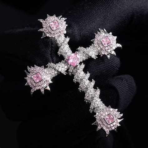 Iced Pink Heart Cross Of Thorns Pendant Helloice