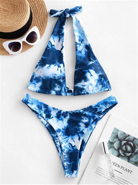 [33 Off] 2021 Zaful Tie Dye Halter High Cut Bikini Swimsuit In Cobalt