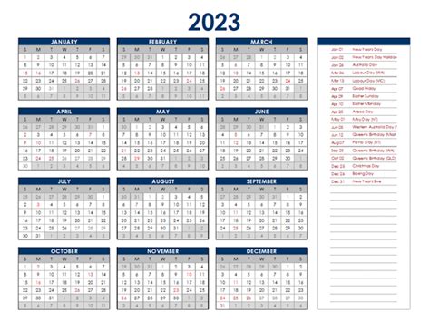 2023 Australia Annual Calendar with Holidays - Free Printable Templates