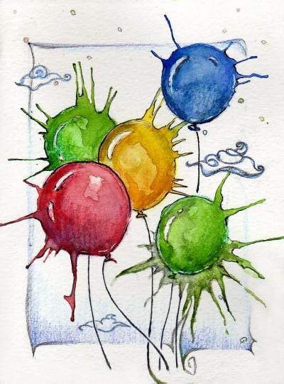 A Drawing Of Three Different Colored Balls In The Air With Water