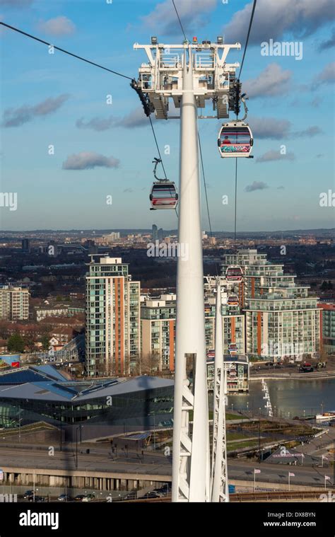 Emirates Air Line Cable Car Crosses River Thames Between The O2 North