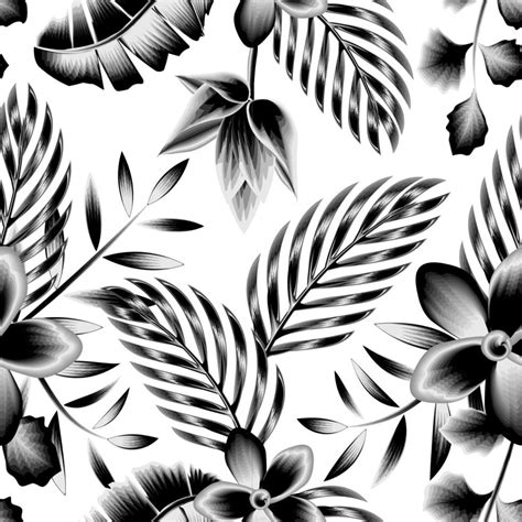 Tropical Palm Leaves Seamless Pattern With Vintage Monochromatic Banana Leaf And Floral Plants