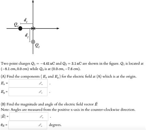 Solved Two Point Charges Q1 441nc And Q2 01nc Are Shown In The Figure Q1 Is Located