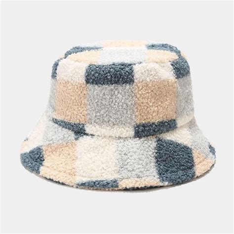 Fur Bucket Hat Faux Pink Fuzzy Fleece Plaid Wool Checkered Etsy