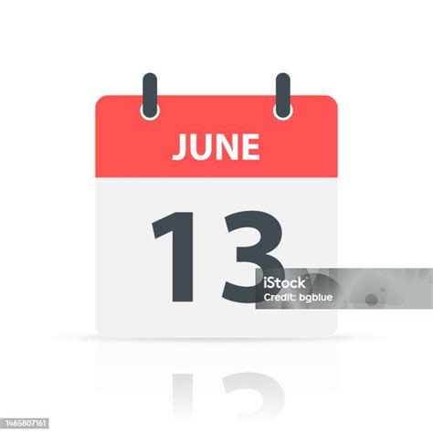 June 13 Daily Calendar Icon With Reflection On White Background Stock