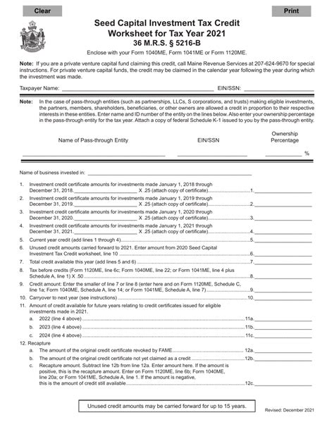 Maine Seed Capital Investment Tax Credit Worksheet Fill Out