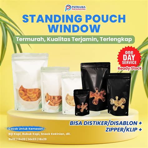 Jual 1 PACK ISI 10 PCS Standing Pouch Window Hitam Putih Ziplock