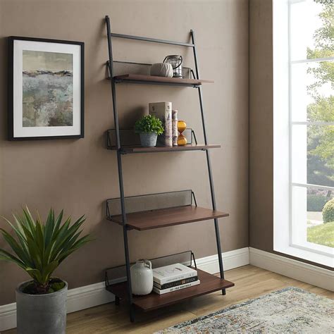 Welwick Designs 4 Shelf Industrial Metal And Wood Leaning Wall Shelf Dark Walnut The Home