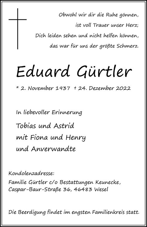 Traueranzeigen Von Eduard G Rtler Trauer In Nrw De