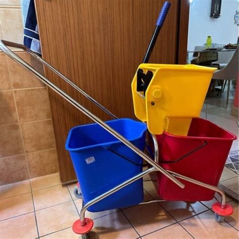 Plastic And SS Yellow Blue And Red 3 Bucket Mop Wringer Trolley For