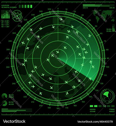 Air control radar screen with airplanes and map Vector Image