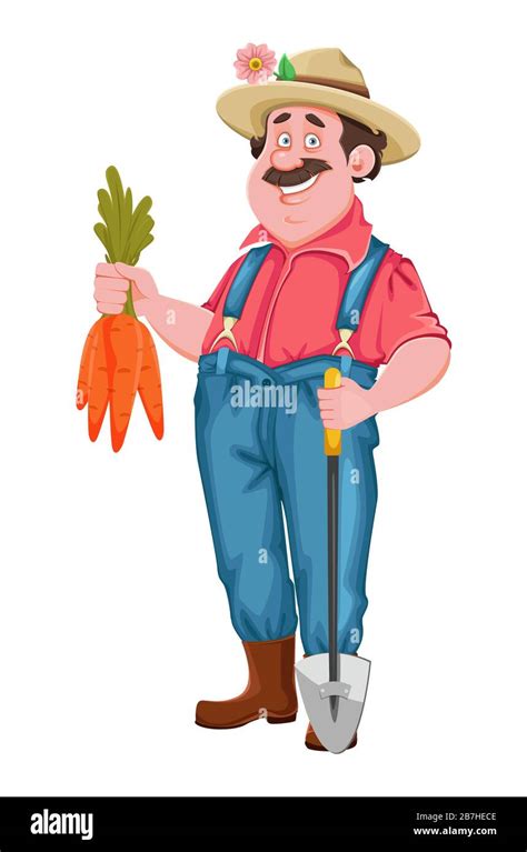 Farmer Cartoon Character Cheerful Farmer Holding Carrots And Shovel