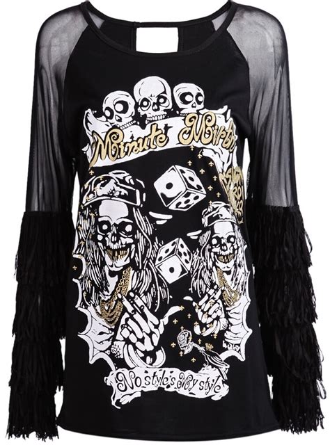 Black Sheer Mesh Yoke Skull Print Tassel Dress Shein Sheinside