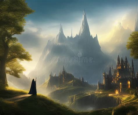 Fantasy City With Big And Mysterious Mountains Stock Illustration