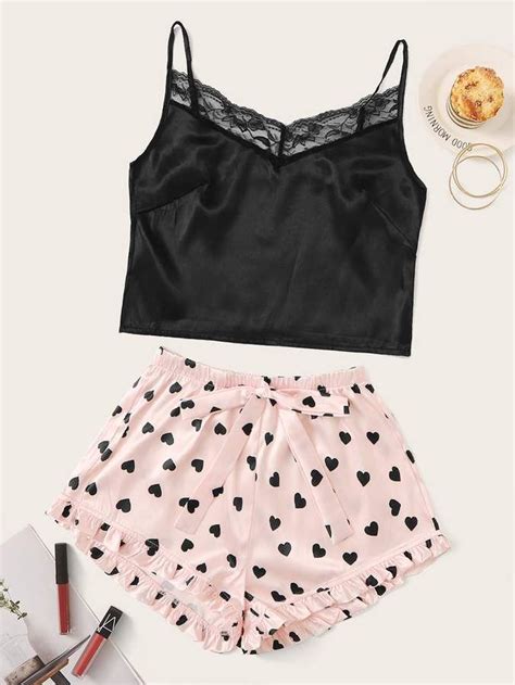 Lace Trim Satin Cami Heart Print Shorts Pj Set Fashion Outfits