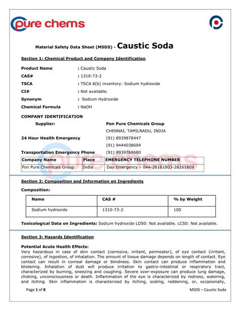 Pdf Material Safety Data Sheet Msds Caustic Soda Soda Pdfpage