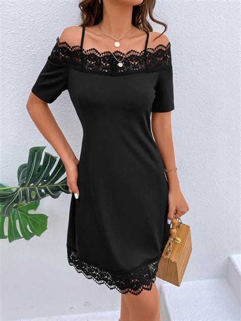 SHEIN Privé Contrast Lace Cold Shoulder Dress SHEIN USA