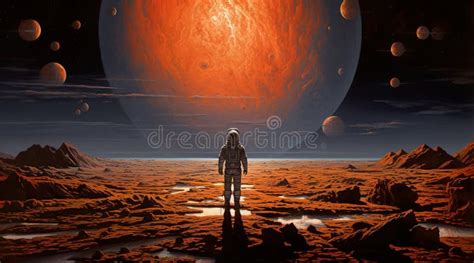 Colorful Illustration Of Astronaut In Space Suit And Helmet Exploring Alien Planet With