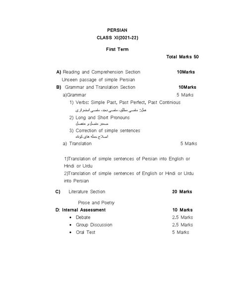 Cbse Class 12 Term Wise Syllabus 2021 22 Persian