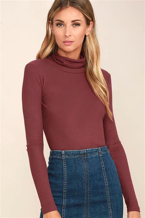 Cute Turtleneck Top Washed Burgundy Top Long Sleeve Top Thermal