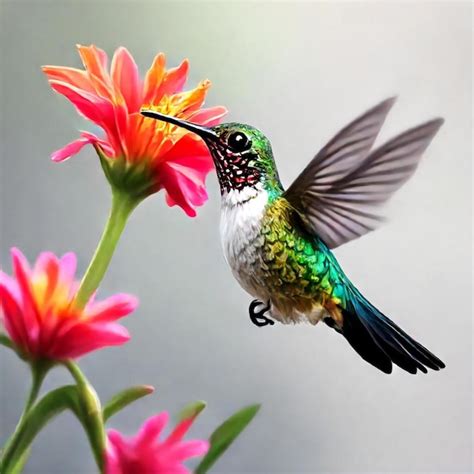 A Hummingbird Is Flying In Front Of Some Flowers Premium Ai Generated