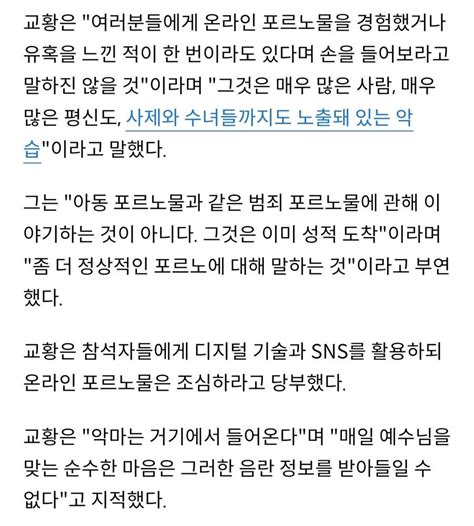 교황 프란치스코 포르노물은 불법이든 합법이든 보지 않아야 악마의 침투 막을 수 있다 포텐 터짐 최신순 에펨코리아