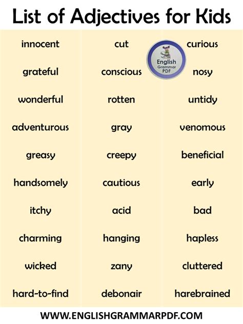 Adjective List For Kids Printable