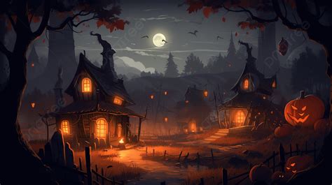 Spooky Halloween Village Under The Moon In Night Background Halloween