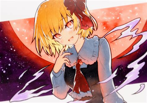 Safebooru 1girl Ascot Black Vest Blonde Hair Blush Collared Shirt Fang Fingernails Hair Ribbon