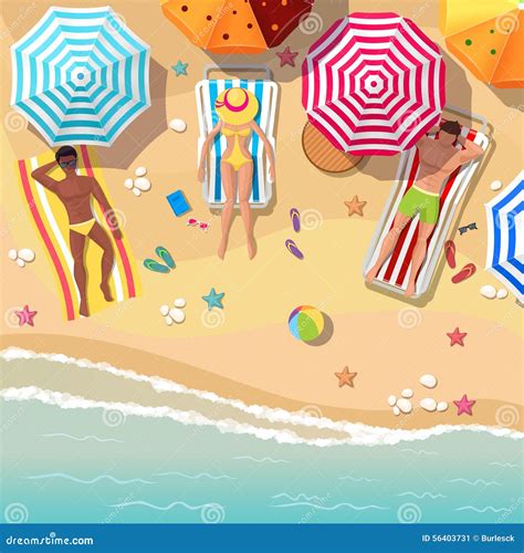 Beach Top View Background With Sunbathers Men And Cartoon Vector