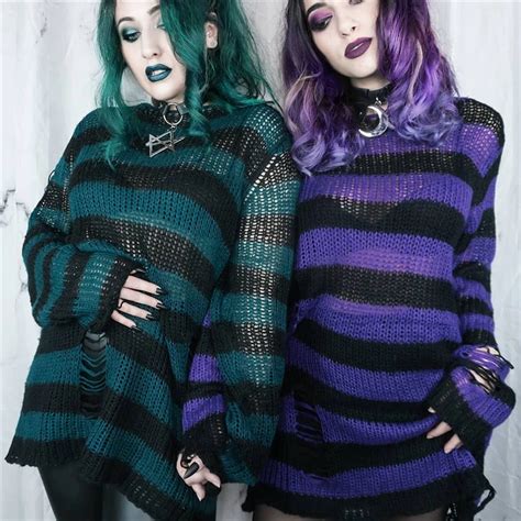 Goth Punk Gothic Sweater Oversized Pullovers Women Striped Cool Hollow