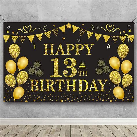 13th Birthday Banner - Gold and Black Happy Birthday Party Decorations ...