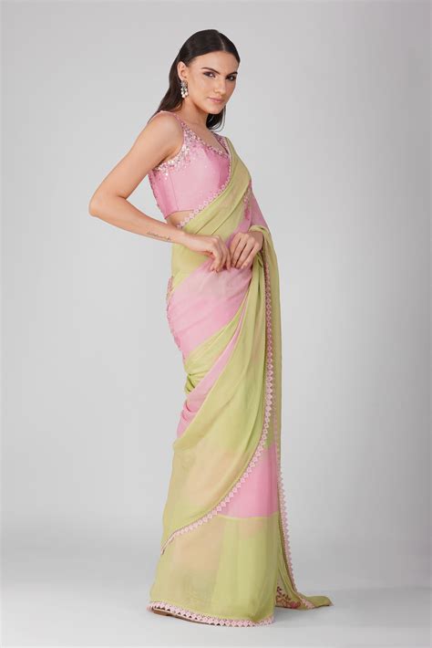 Pink And Green Striped Saree Set Womens Wrap Dress Fashion Saree Designs