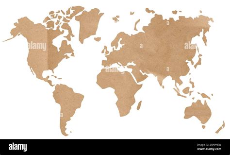 World map from brown craft paper on a white isolated background, the ...