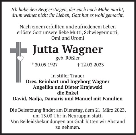 Traueranzeigen von Jutta Wagner Märkische Onlinezeitung Trauerportal