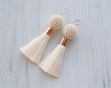 Statement Creamy Beige Earrings Beaded Short Tassel Earrings Etsy