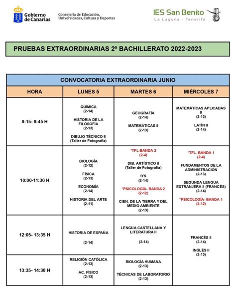 Calendario de pruebas extraordinarias para 2º de Bachillerato Curso