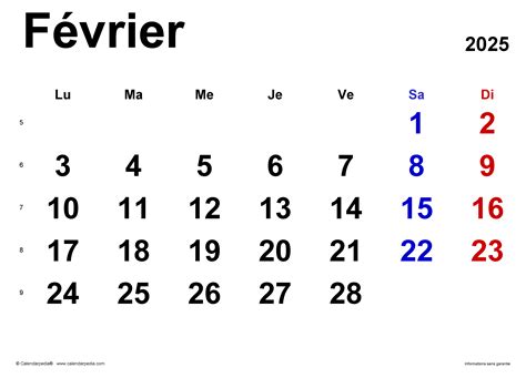 Calendrier Février 2025 Excel Word Et Pdf Calendarpedia