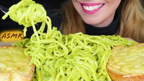 ASMR BASIL PESTO SPAGHETTI GARLIC BREAD No Talking Mukbang