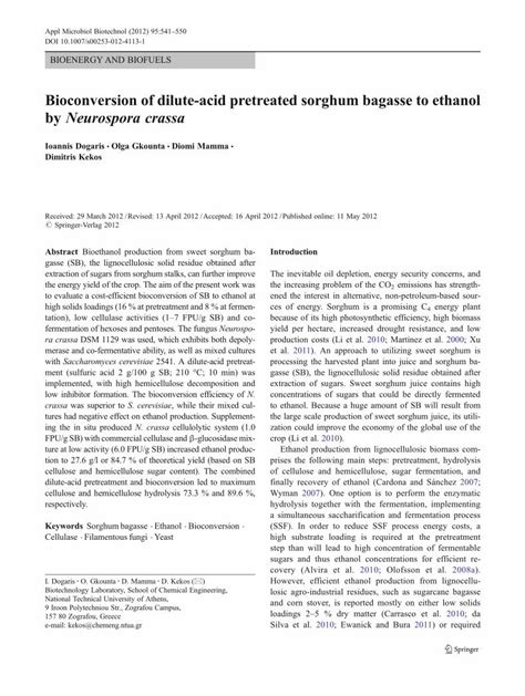 Pdf Bioconversion Of Dilute Acid Pretreated Sorghum Bagasse To Ethanol By Neurospora Crassa