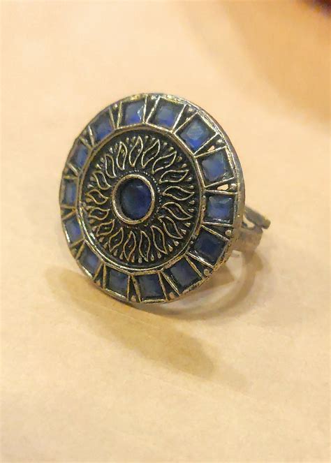 Get Round Stone Studded Oxidised Silver Ethnic Blue Ring At Lbb