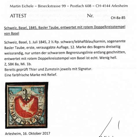 Alt Schweiz 1845 Basler Taube 1 Auflage Nr 8a Gestempelt