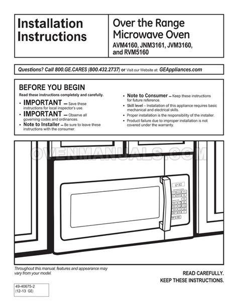 Ge Jnm Rfss Microwave Oven Installation Instructions