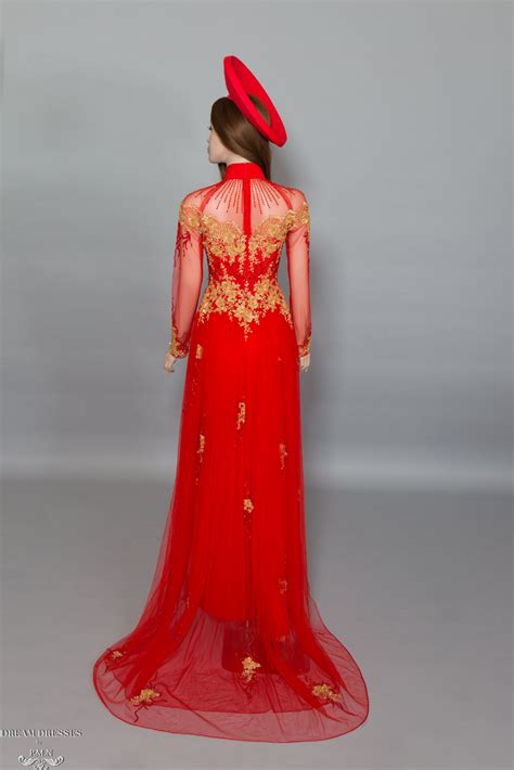 Custom To Make Vietnamese Traditional Wedding Ao Dai Gold Lace In Red