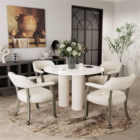 Leemtorig Set Of 4 Dining Chairs With Casters And Arms Accent Kitchen