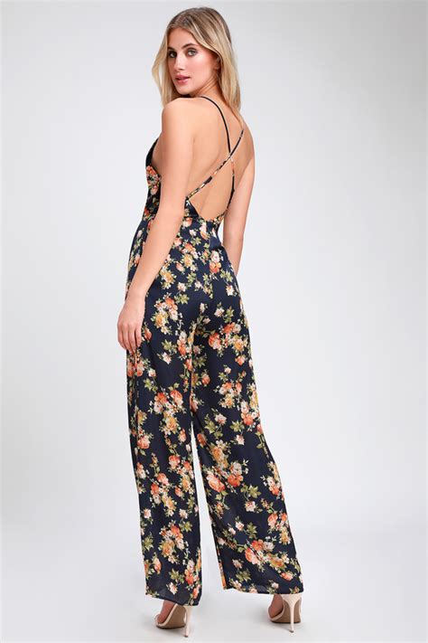 Sexy Navy Blue Floral Print Satin Jumpsuit Wide Leg Jumpsuit Lulus