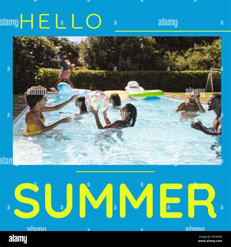 Composite Of Hello Summer Text And Diverse Friends Playing With Ball In