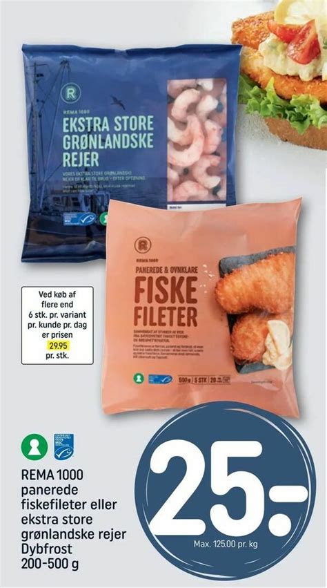 REMA 1000 panerede fiskefileter eller ekstra store grønlandske rejer